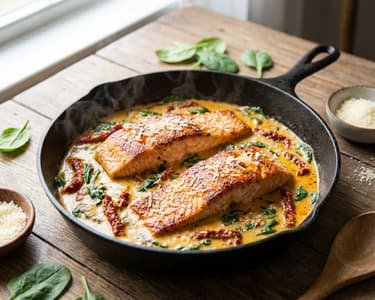 Salmon in creamy sauce with dried tomatoes