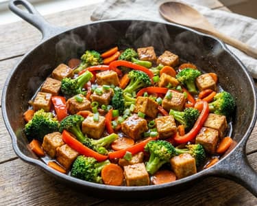 Bunte Tofu-Gemüse-Pfanne mit Brokkoli und Paprika