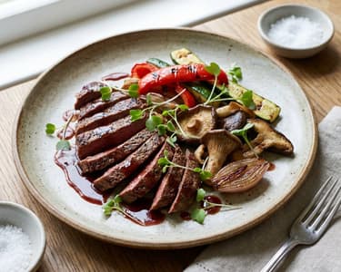 Ostrich steak with mushrooms, vegetables and caramelized shallots