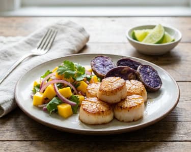 Scallops with Mango Salad and Purple Potatoes