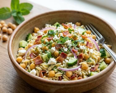 Griechischer Orzo-Salat mit Kichererbsen und Speck