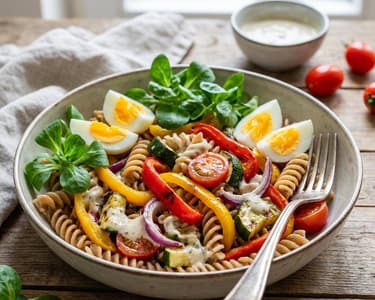 Vollkorn-Nudelsalat mit Röstgemüse & Knoblauch-Dressing