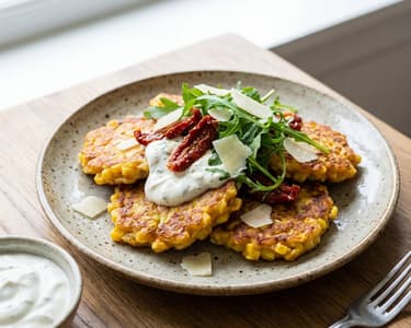 Corn Fritters with Dip, Dried Tomatoes and Parmesan