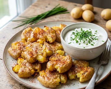 Knusprige Quetschkartoffeln mit Schnittlauch-Dip