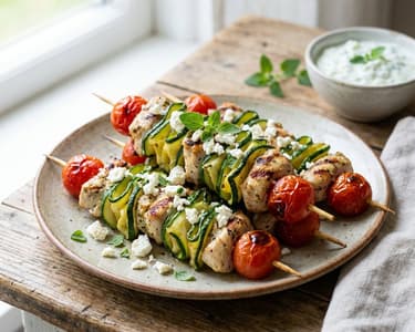 Chicken Skewers with Zucchini and Tomatoes | Light & Greek