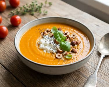 Geröstete Gemüsesuppe mit Hüttenkäse