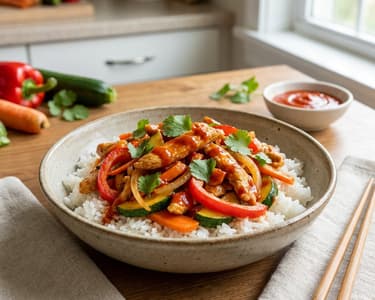 Spicy Turkey Strips with Sriracha Sauce and Vegetables