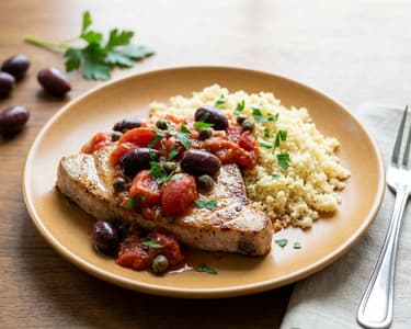 Swordfish with Tomatoes, Olives, and Capers