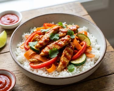 Spicy Turkey Strips with Sriracha Sauce and Vegetables