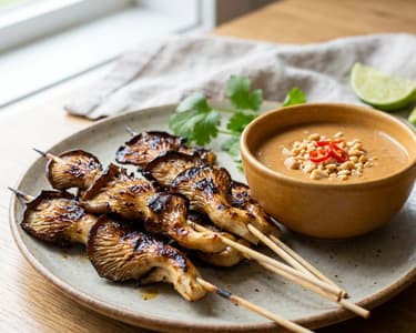 Asiatische Austernpilz-Spieße mit Erdnusssauce