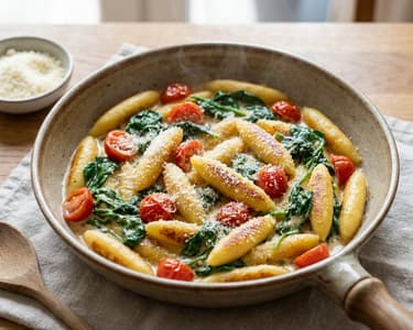 Cremige Schupfnudelpfanne mit Spinat & Kirschtomaten