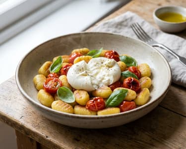 Sommerliche Gnocchi-Pfanne mit Burrata | Schnelle Feierabendküche