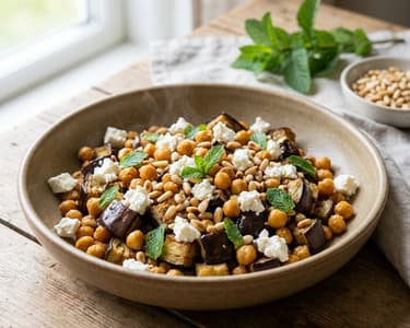 Gerösteter Auberginen-Kichererbsen-Salat mit Feta | Sommerliche Feierabendküche