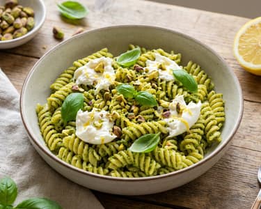 Zitronen-Fusilli mit Pistazien-Pesto & Stracciatella
