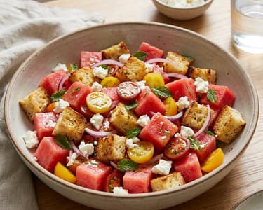 Wassermelonen-Panzanella mit Feta | Frischer Sommer-Brotsalat