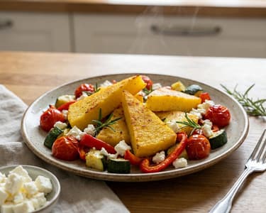 Knusprige Polenta-Ecken mit mediterranem Ofengemüse