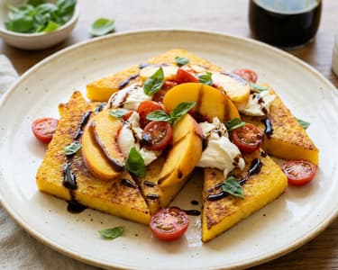Knusprige Polenta-Ecken mit Pfirsich-Caprese | Sommergenuss