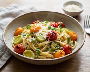 Pasta with Braised Leek and Cherry Tomatoes | Delicate Aroma