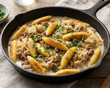 Sauerkraut and Minced Meat Skillet with Schupfnudeln | Hearty & quick