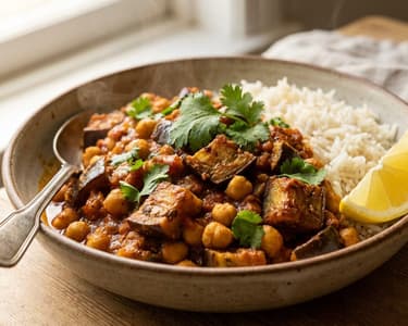 Indisches Auberginen-Kichererbsen-Curry | Baingan Chana Masala