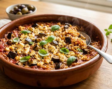 Mediterraner Auberginen-Orzo-Auflauf | Würziger Ofengenuss