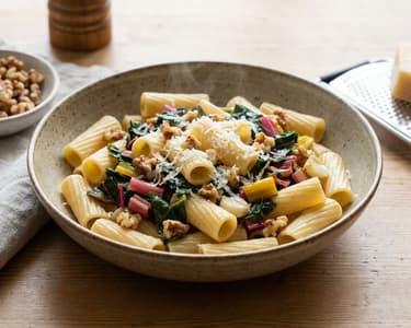 Rigatoni with Rainbow Swiss Chard & Walnuts | 20 min