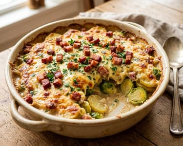 Kartoffel-Rosenkohl-Auflauf | Deftig überbacken