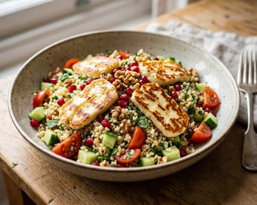 Turkish Lukewarm Bulgur Salad with Fried Hellim | Hellimli Ilık Bulgur Salatası