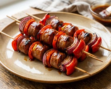 BBQ-Bratwurst-Spieße | Knusprig & rauchig glasiert