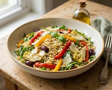 Italian Orzo Salad | With Roasted Bell Peppers & Olives