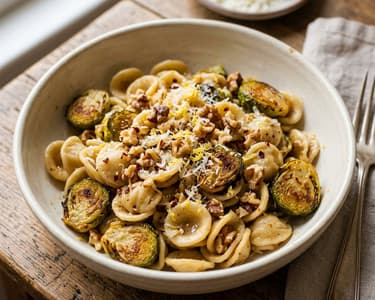 Orecchiette with Roasted Brussels Sprouts | Crispy & Spicy