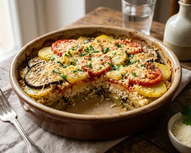 Apulian Tiella | Mediterranean Rice and Aubergine Casserole