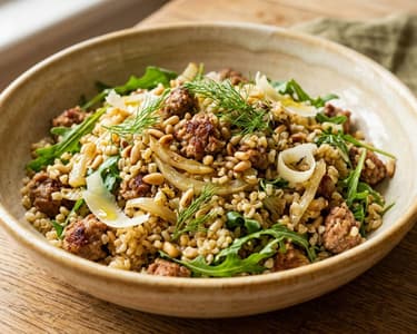 Lukewarm Italian Bulgur Salad with Fried Salsiccia and Fennel