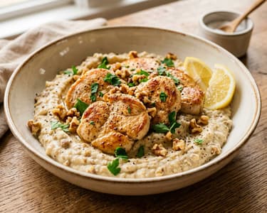 Griechisches Zitronen-Hähnchen mit Walnuss-Skordalia