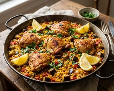 Spanischer Hähnchen-Auberginen-Reistopf | Feiner One-Pot