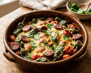 Spanish Oven-Baked Pimientos with Chorizo & Manchego | Tapas Bake