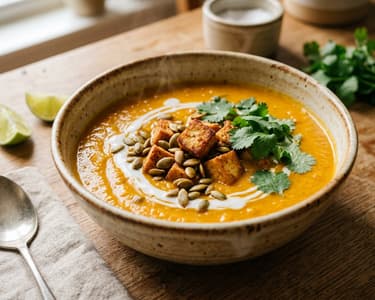 Asiatische Kürbis-Curry-Suppe mit Tofu | Cremig & Pikant