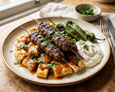 Tire Şiş Köfte | Juicy Skewers on Tomato Flatbread