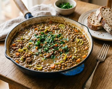 Hearty Lentil and Minced Meat Skillet | Heartily served in 25 minutes
