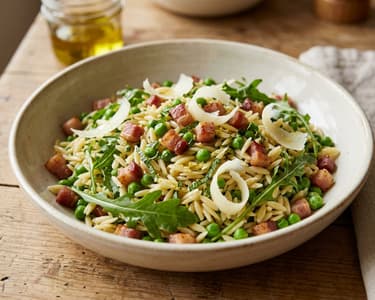 Italian Risoni Salad with Crispy Pancetta and Peas