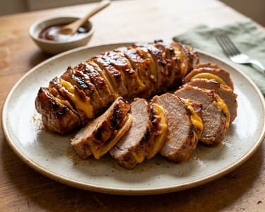 Grilled Hasselback Pork Tenderloin with Apple & Cheddar