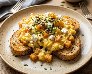 Herbstliches Kürbis-Rührei mit Feta | Herzhafter Brunch