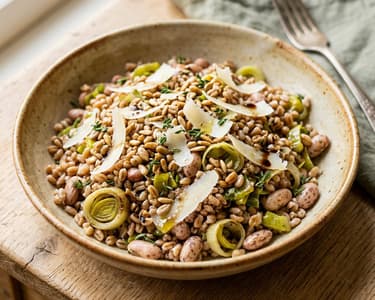 Toskanischer Farro-Salat mit geschmortem Lauch & Borlotti-Bohnen | Herbstlicher Genuss