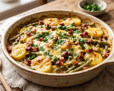 Kartoffel-Bohnen-Auflauf | Deftig mit Speck & Bergkäse überbacken