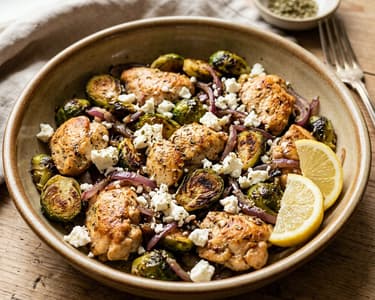 Greek Chicken and Brussels Sprouts Skillet | In 25 Minutes