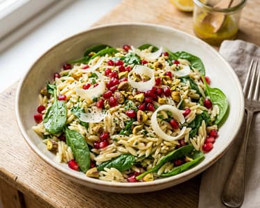 Toskanischer Orzo-Salat mit Babyspinat, Granatapfel & Pecorino | Herbstlicher Feinkostgenuss