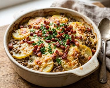 Hessischer Kartoffel-Linsen-Auflauf | Deftig überbacken