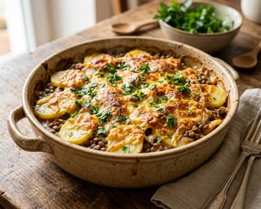 Schwäbischer Kartoffel-Linsen-Auflauf | Deftig überbacken
