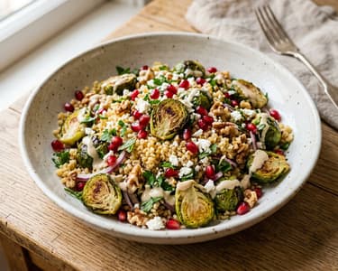 Türkischer warmer Rosenkohl-Bulgursalat mit Tahini & Walnüssen