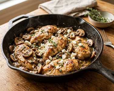 Griechische Hähnchen-Pilz-Pfanne mit Feta | In 20 Minuten